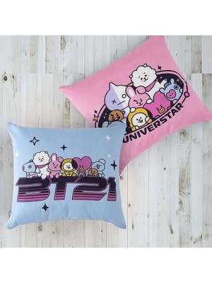 Kazan Hobi Lisanslı Pamuk BT21 Kırlent Çok Renkli Tekli