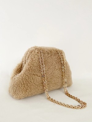Heybes Kadın Zincirli Kahve Teddy Peluş Clutch El Çantası