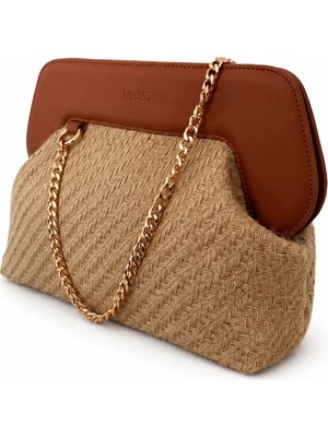 Heybes Kadın Kahverengi Çerçeveli Balık Sırtı Jüt Clutch El Çantası