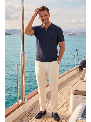 Deepsea Erkek Fermuarlı Polo Yaka Çizgi Dokulu Lacivert Triko Tişört Regular Fit Yumuşak Dokulu 2608007