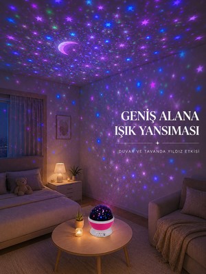 S'82 Yıldızlı Gökyüzü Projektörü Pembe Renkli Döner Çocuk Odası Gece Lambası - Lisinya