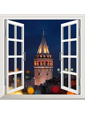 Kazan Hobi Galata Kulesi Akşam Desenli Yapışkanlı Pencere Posteri Duvar Kağıdı Sticker