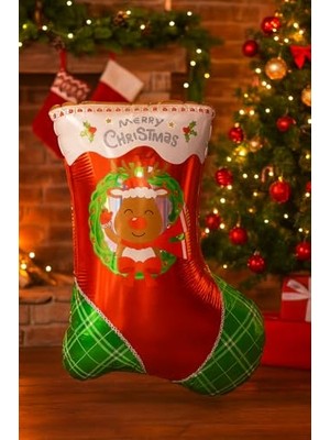 Kazan Hobi Gold Şeker Figürlü Folyo Noel Balonu ve Noel Çorabı, 1 Adet, 60-43 cm