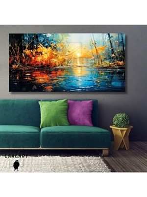 Kazan Hobi Panoramik Kanvas Duvar Tablosu Yağlı Boya Görünümlü Göl Manzarası 140 x 70
