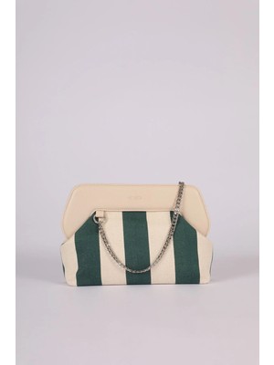 Heybes Kadın Yeşil Çizgi Desenli Kanvas Clutch El Çantası
