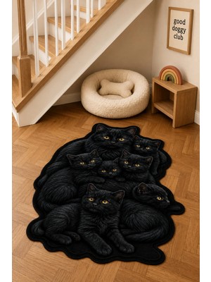 Zng Design Home Bombay Kedisi Siyah Kedi Figürlü Dijital Baskı Makine Halısı, Kaymaz ve Yıkanabilir