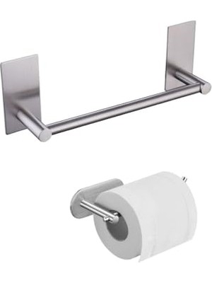 Kazan Hobi Inox Anında Kolay Montaj Vida Yok Paslanmaz Çelik 30 cm Yapışkanlı Havluluk ve Tuvalet Kağıtlığı Set