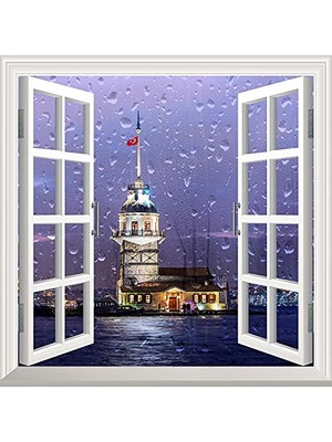 Kazan Hobi Pencere Posteri Duvar Kâğıdı, Kız Kulesi ve Yağmur Desenli Yapışkanlı Sticker