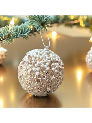 Kazan Hobi Incili Pullu Şampanya Yılbaşı Topları, 8 Cm, 3'lü Set, AST7252
