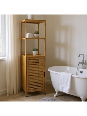 Kazan Hobi Bambu 3 Raflı Kapaklı Doğal Ahşap Banyo Dolabı