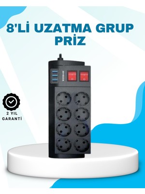 Belirtilmemiş Isıya Dayanıklı Termal Akım Korumalı 8'li Priz ve 3 USB Girişli Uzatma Kablosu - LINOST5570-6