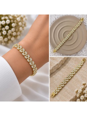 Fm 💎 Premium Parlak ve Şık Çift Sıra Taşlı Gold Renk 316L Çelik Kadın Bileklik (20cm)