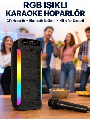 Belirtilmemiş Rgb Işıklı Çift Hoparlörlü Taşınabilir Bluetooth Speaker ve Mikrofon Yeni Ne - LINOST2823-8