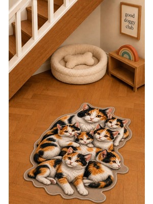 Zng Design Home Calico (Patiska) Çok Renkli Kedi Figürlü Dijital Baskı Makine Halısı, Kaymaz ve Yıkanabilir