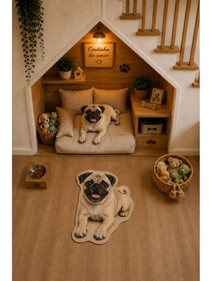 Zng Design Home Pug Figürlü Dijital Baskı Makine Halısı, Kaymaz ve Yıkanabilir