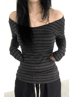 Moonstyle Collection Madonna Yaka Uzun Kol Gotik Y2K Street Füme Siyah Çizgili Bluz