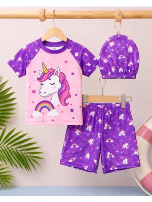 Rony Pony Kids Kız Çocuk 3’lü Plaj Takımı Deniz Kızı Desenli Mayo Seti Bone Şortlu