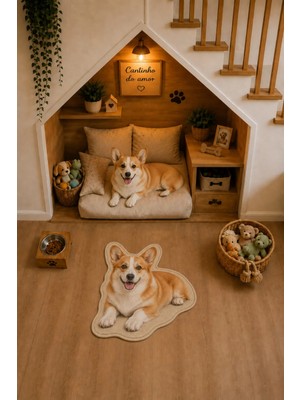 Zng Design Home Corgi Figürlü Dijital Baskı Makine Halısı, Kaymaz ve Yıkanabilir