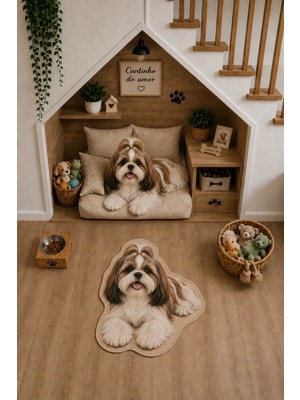 Zng Design Home Shih Tzu Figürlü Dijital Baskı Makine Halısı, Kaymaz ve Yıkanabilir