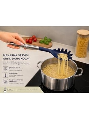 Kazan Hobi 34 cm Lacivert Makarna Servis Kaşığı, Paslanmaz Çelik Saplı Silikon
