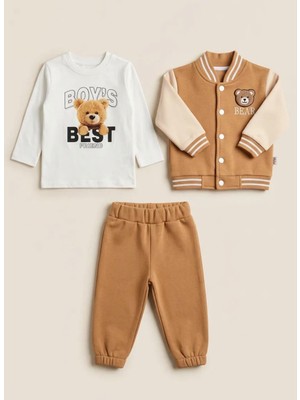 By Murat Baby 3'lü Bear Ayı Nakışlı Erkek Bebek Takım Baskılı  Body 6,12,18,24 Ay Yeni Doğan Bebek Takımı Ceket+Pantolon +Body