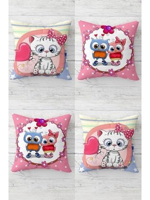 Kazan Hobi Mavi-Pembe Kedi ve Baykuş Desenli Kırlent Kılıfı Takımı, 4 Adet, Gizli Fermuarlı, 45 x 45