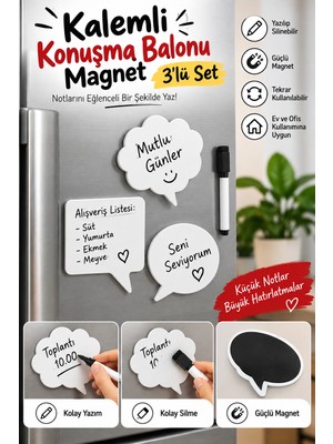 Yenilig 3’lü Kalemli Konuşma Balonu Magnet Seti – Yazılıp Silinebilir Dekoratif Notluk