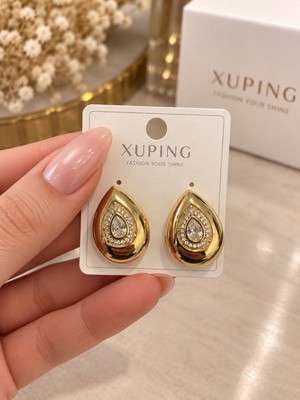İdilce Xuping Gold Renk Damla Küpe Taşlı Zirkon Detaylı Şık Kadın Küpe