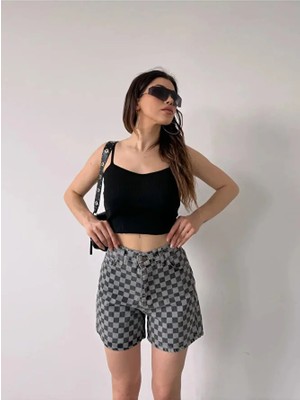 Caddebostan Moda Kadın Yüksek Bel Desenli Paçası Püsküllü Denim Şort