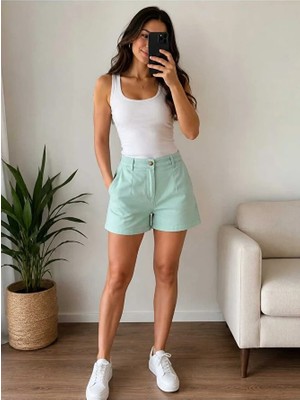 Nido Moda Yüksek Bel Pens Detaylı Çağla Yeşili Denim Şort