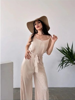 Nido Moda Kadın Ip Askılı Kuşaklı Plise Tulum