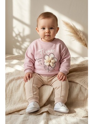Hoppa Flora Bloom 3D Papatya Detaylı Pudra Gül Kurusu Sweatshirt ve Fitilli Bej Pantolon Bebek Alt Üst Ta