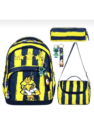Miço Kids Taraftar Desenli Kartal Figürlü Erkek Çocuk 4'lü Okul Çanta Seti - Sırt Çantası + Beslenme Çantası + Kalemlik + Anahtarlık