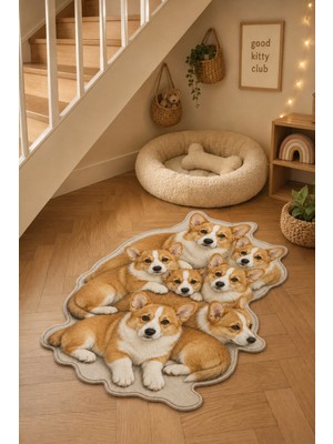 Zng Design Home Corgi Turuncu-Beyaz Köpek Figürlü Dijital Baskı Makine Halısı, Kaymaz ve Yıkanabilir