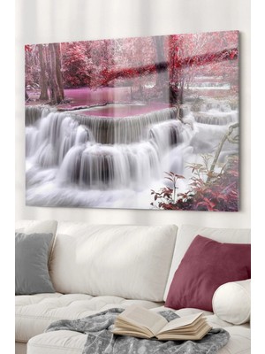 Esranın Dünyası Pencere Şelale ve Pembe Ağaçlar | Doğa Temalı Cam Tablo | 50X70 cm 5070OLCTM109