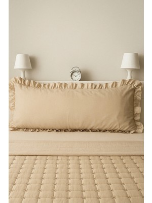 Pratic Home 1 Adet %100 Pamuklu Bej Renk Fermuarlı Fırfırlı Uzun Yastık Kılıfı 50X135 cm