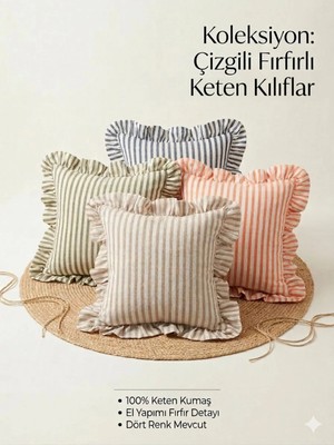 Pratic Home 1 Adet %100 Keten Bej Gizli Fermuarlı Fırfırlı Kırlent Kılıfı 43X43 cm