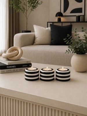 Feray Home Mumluk Tilayt - 3 Lü Seramik El Dekoru Mumluklar Siyah Zebra