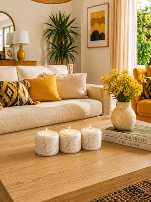 Feray Home Mumluk Tilayt - 3 Lü Seramik El Dekoru Mumluklar Beyaz Gold Mermer