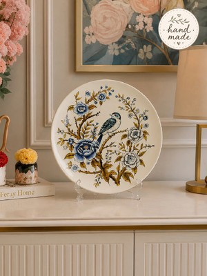 Feray Home Dekoratif Seramik Tabak 30 cm Collection Mavi Kuş Desenli