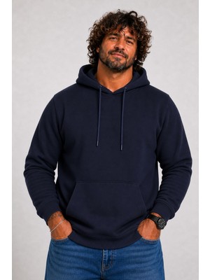 Starbattal Büyük Beden Erkek Kapüşonlu Basic Sweatshirt Lacivert Cepli Günlük Kullanım