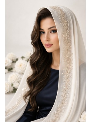 Ceylan Collection Mevlüt Örtüsü - Kırık Beyaz Boncuk Işlemeli Özel Tasarım Şifon Mevlüt Örtüsü 75×150