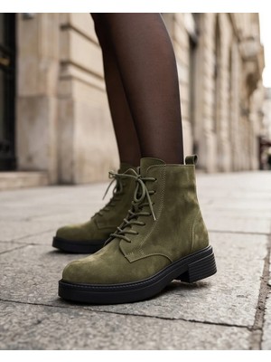 Futsi Shoes Ravenna Haki Hakiki Deri Süet Bağcıklı Kalın Taban Günlük Kadın Bot