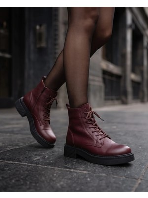 Futsi Shoes Ravenna Bordo Hakiki Deri Bağcıklı Kalın Taban Topuklu Postal Kadın Bot