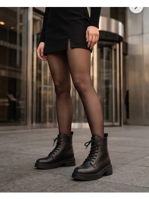 Futsi Shoes Ravenna Siyah Hakiki Deri Bağcıklı Kalın Taban Günlük Kadın Bot