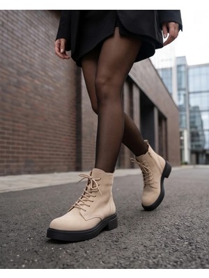 Futsi Shoes Ravenna Bej Hakiki Deri Süet Bağcıklı Kalın Taban Günlük Kadın Bot