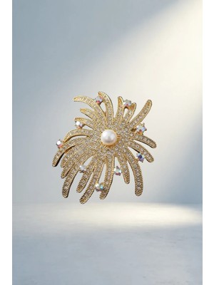 Taşlı Inci Detaylı Gold Renk Broş (Zirkon Model)