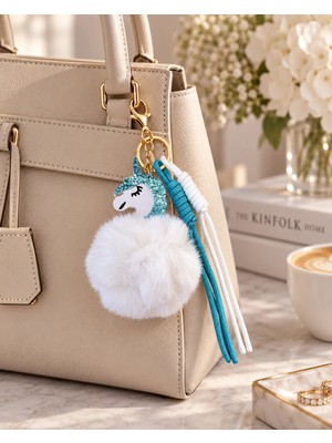Kumru Studio Mavi - Beyaz Unicorn Ponponlu Çanta Charmı