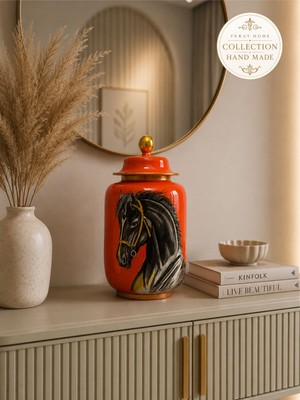 Feray Home Seramik Vazo - El Yapımı Turuncu At Desenli Honey Pot