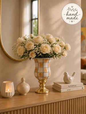 Feray Home Dekoratif Obje, Hand Made El Işi Çan Vazo Damalı Kahverengi Gold